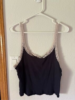 Divided Black Tank Top with Beige Lace Trim